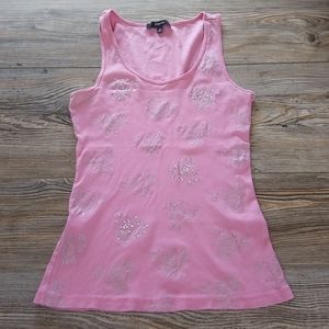 Pink & Silver Rose Floral Printed Ribbed Tank Top